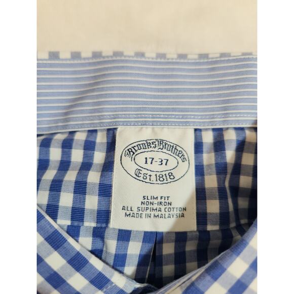 Brooks Brothers 100% Cotton Shirt Mens 17 37 Blue Gingham Check Long Sleeve - Picture 2 of 10